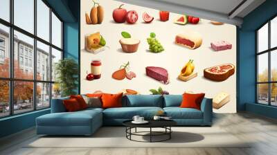 Food cartoon 3d icon set. Ear of wheat, milk, meat, fish, cheese, grapes, chocolate, glass of wine Wall mural