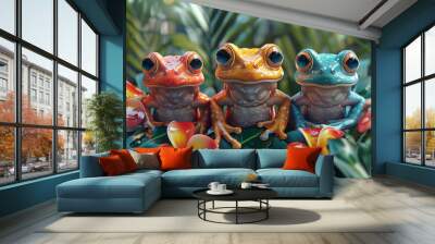 illustration of a print of colorful cute frogs Wall mural