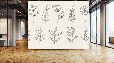 Set of botanical hand drawn leaves, branches, and blooming flowers. Wall mural