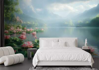 lake view with lotus flowers Wall mural