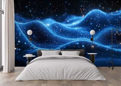 Luminous blue wavy line light line, blue wave lights , blue stars dust trail sparkling particles isolated Wall mural