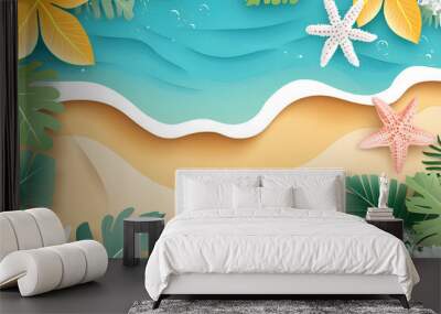 Summer beach paper art style background vector illustration. top view beach template Wall mural