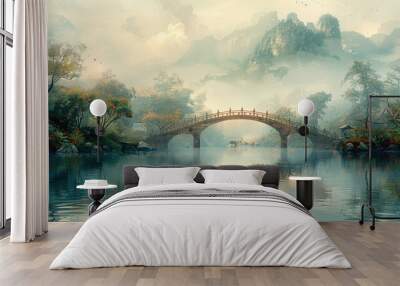 traditional village style chinese art green bridge over river with green tree, in the style of graphic design Wall mural