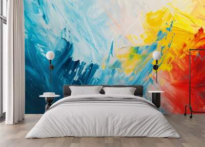 Abstract background of blue, yellow and red paint splashes on white paper Wall mural