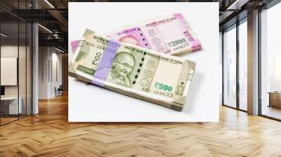 Bundles of Indian 500 and 2000 rupee notes in white background Wall mural