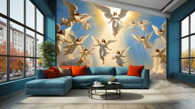 Angels flying in heaven towards god. Highly detailed oil painting styled illustration Wall mural