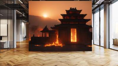 Burning ancient temple. Extremely detailed and realistic high resolution concept design illustration Wall mural