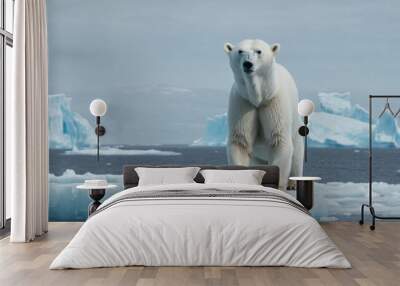 Polar bear standing on block of ice surrounded by water in the arctic sea showcasing the ice melting. Highly detailed illustration Wall mural