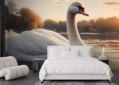 Swan at the lake with sunset in background. Extremely detailed high resolution illustration Wall mural