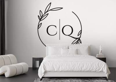 Letter CQ wedding monogram logo design with simple natural circle leaf frame Wall mural