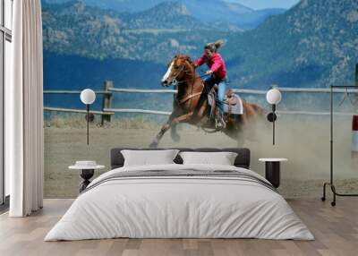 Cowgirl on Chestnut Horse Barrel Racing Wall mural