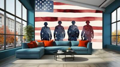 a group of soldiers and front of a usa flag art illustration Wall mural