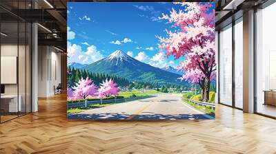 anime style artwork of a mountain road in the spring with pink sakura trees on a cloudy sky Wall mural