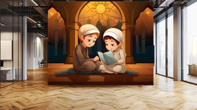 Cute cartoon Muslim girl and boy read the koran illustration Wall mural