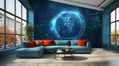 Digital Earth with Glowing Circuits from Space Wall mural