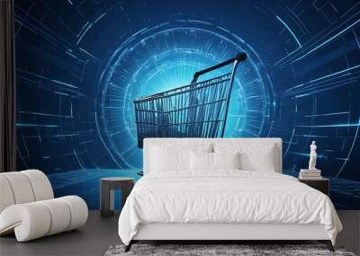 digital shopping cart con within abstract circular patterns in the center of abstract digital blue background with light effects Wall mural