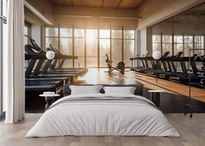 empty modern indoor fitness room interior full of treadmills and machines Wall mural