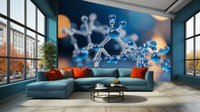 Macro view of blue science molecules model blue background Wall mural