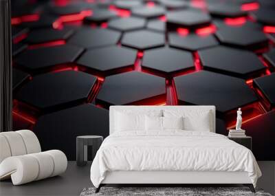 Modern dark hexagonal carbon fiber background with red highlights and brilliant lines Wall mural