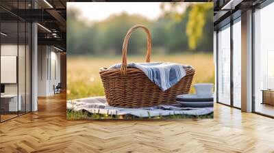 picnic basket with tablecloth on grass meadow landscape background Wall mural