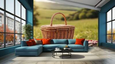 picnic basket with tablecloth on grass meadow landscape background Wall mural