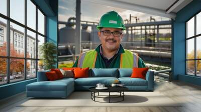 Portrait of a sewage treatment plant worker wearing a green security uniform Wall mural