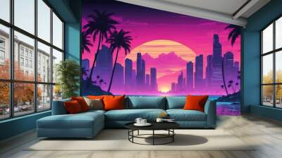 Synthwave style landscape with sea beach and silhouette modern metropolis in the background Wall mural