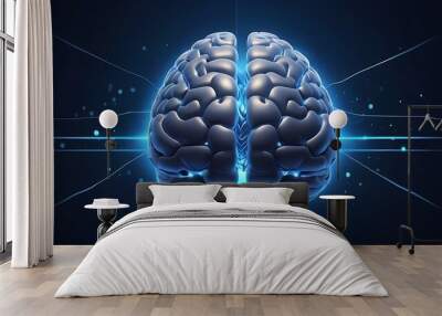 The digital brain icon in the center of abstract digital blue background with light effects Wall mural