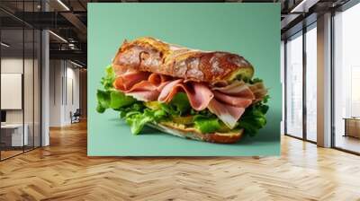 a sandwich with ham and a brioche over a green background Wall mural