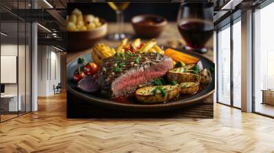 A juicy piece of steak with roast potatoes and grilled vegetables Wall mural