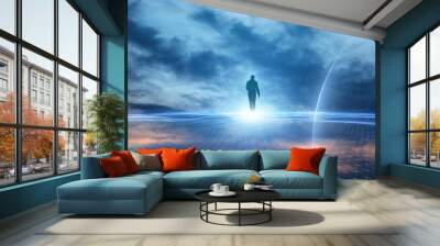 Futuristic cyberspace walking in bright abstract sky. Businessman in digital world. Wall mural