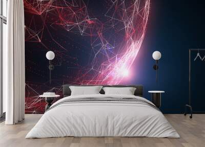 Futuristic red colored abstract network globe with flare of light, view from space. Illustration background Wall mural