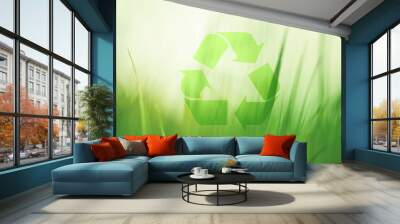 Lovely sunny blurred meadow with recycle symbol. Conceptual green clean environment background. Wall mural