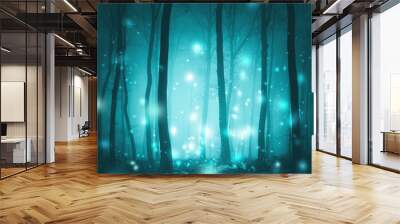 Magical foggy forest trees with artistic fireflies light background. Magic cyan blue colored fairytale woodland. Wall mural