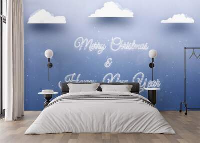 Merry christmas and happy new year greeting good wishes on bright blue snowy background with snowfall from clouds illustration.	
 Wall mural