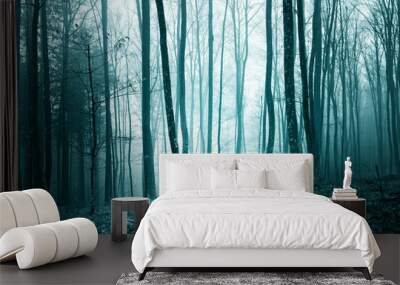 Mystic turquoise blue color light foggy forest landscape background. Wall mural