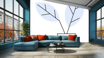 A minimalistic drawing of a potted plant with two blue leaves outlined by black lines. Ideal for nature, home decor, gardening, minimalism, and indoor plants themes. Simple line art. Wall mural