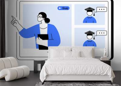 A teacher points while holding a book during a live online session with two students wearing graduation caps. Ideal for education, webinars, virtual classrooms, remote learning, online teaching. Wall mural