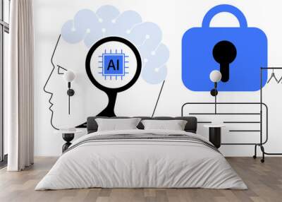 AI embedded in human brain, security padlock, and communication speech bubble. Ideal for technology, artificial intelligence, data security, cognitive science, machine learning. Minimalist vector Wall mural