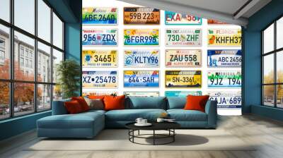 Auto plate and car numbers set of vehicle registration in USA states. Car plates. Vehicle license numbers of different American states. Metal sign boards automobile plates with digits and letters Wall mural