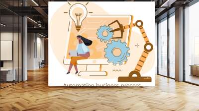 Automation business process. Company strategy creating. Work organization. Project management, software development. Automated business system concept with computer that builds robot arms, application Wall mural