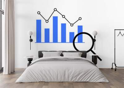 Bar graph and line chart with a magnifying glass icon, representing data analysis, research, or business intelligence. Ideal for statistical, economic, or technology-related visual content. Wall mural