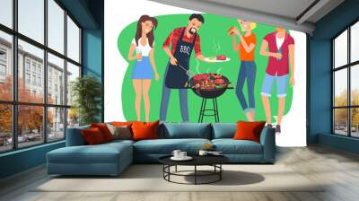 Barbecue party and people, smiling men and women, enjoying barbecue party, drinking and eating meal vector illustration isolated on white background Wall mural