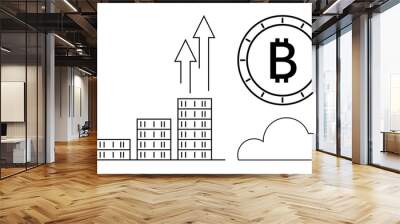 Bitcoin coin, bar graph growing upwards on three levels, two arrows pointing upwards, and cloud outline. Ideal for crypto investing, financial growth, blockchain, market analytics, digital currency Wall mural