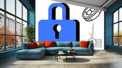 Blue padlock and two Bitcoin cryptocurrency symbols. Ideal for online security digital currency blockchain technology financial transactions and internet encryption. Modern minimalist style Wall mural