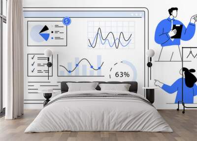 Business data presentation with graphs and charts on a computer screen and two professionals discussing the data. Ideal for business analysis, data visualization, teamwork, presentations, and market Wall mural