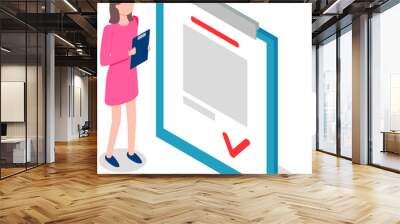 Businesswoman holding clipboard with blank white paper. Woman studies information and business data. Clipboard with text and check mark. Female character working with data vector illustration Wall mural