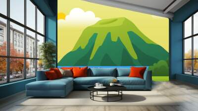 Cartoon flat panorama of spring summer beautiful nature, green grasslands meadow, forest, scenic blue lake, mountains on horizon background, mountain lake, sunset landscape Jeju Wall mural