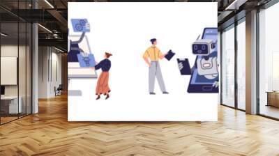 Chat bot. Robot icon. Chat bot sign for support service. AI chat bot chatting with man and woman provide smart solution idea. Answer questions. Robot assistant customer support. Online communication Wall mural