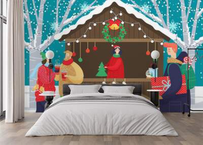 Christmas market decorated by garland and snowflakes. Man and woman with gift box walking on winter holiday. People in warm clothes going near snowy fir-trees. Retail of Xmas presents outdoor vector Wall mural